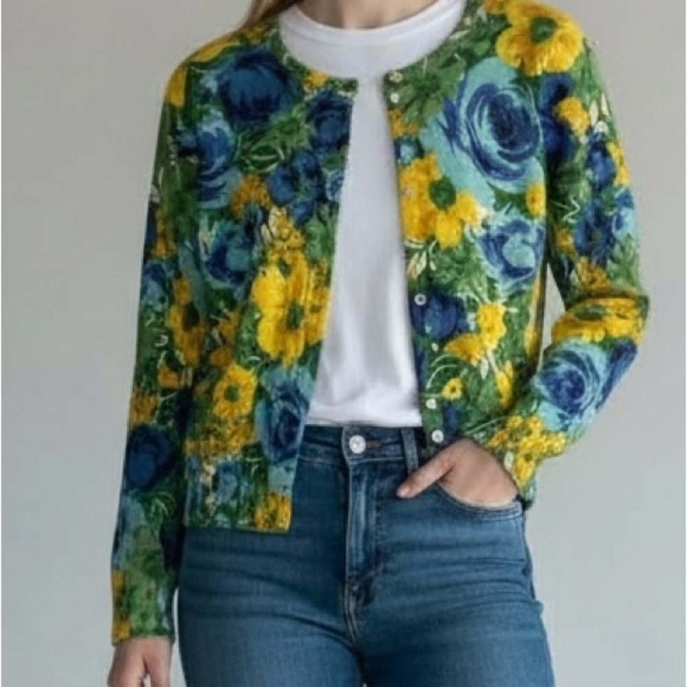 Lands’ End Classic Floral Garden Party Cottagecore Cotton Cardigan – XS (2–4)